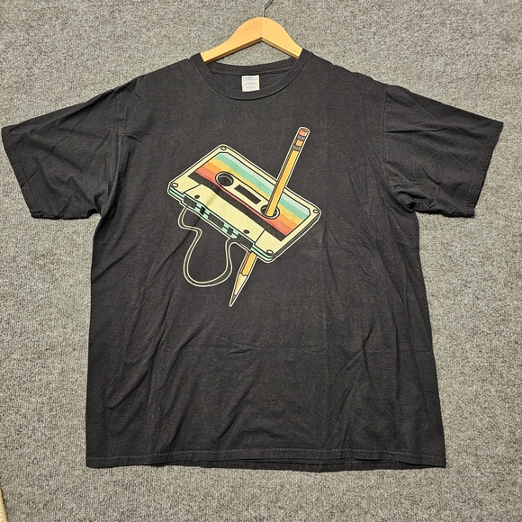 Port and Company Black Tee with Retro Cassette Design‎ - Picture 1 of 4